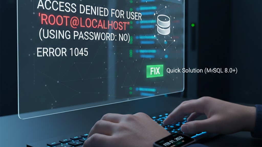 A developer fixing the "Access Denied for User Root@Localhost (Using Password: NO)" Error 1045 in a MySQL 8.0 database environment.